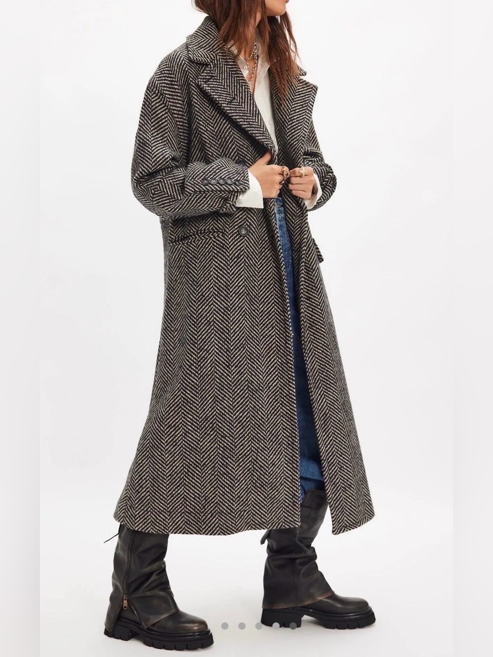 Free People Micah Herringbone Long Duster Peacoat Small NWOT $298